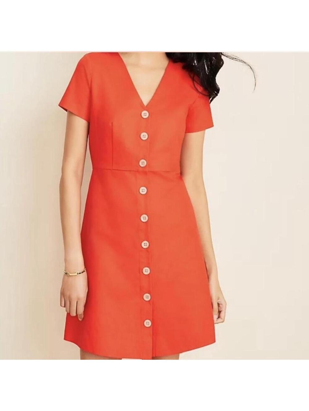 Ann Taylor Linen Blend Button Front Dress Red Orange Summer Coastal Grandmother
